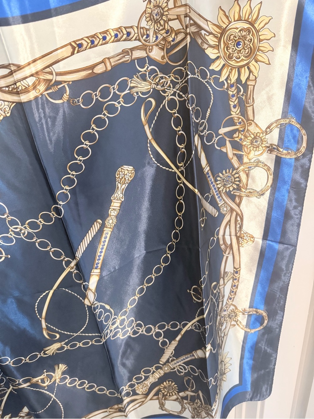 Navy Blue Chain Print satin-like polyester blend-Feel Scarf - Picture 3 of 3